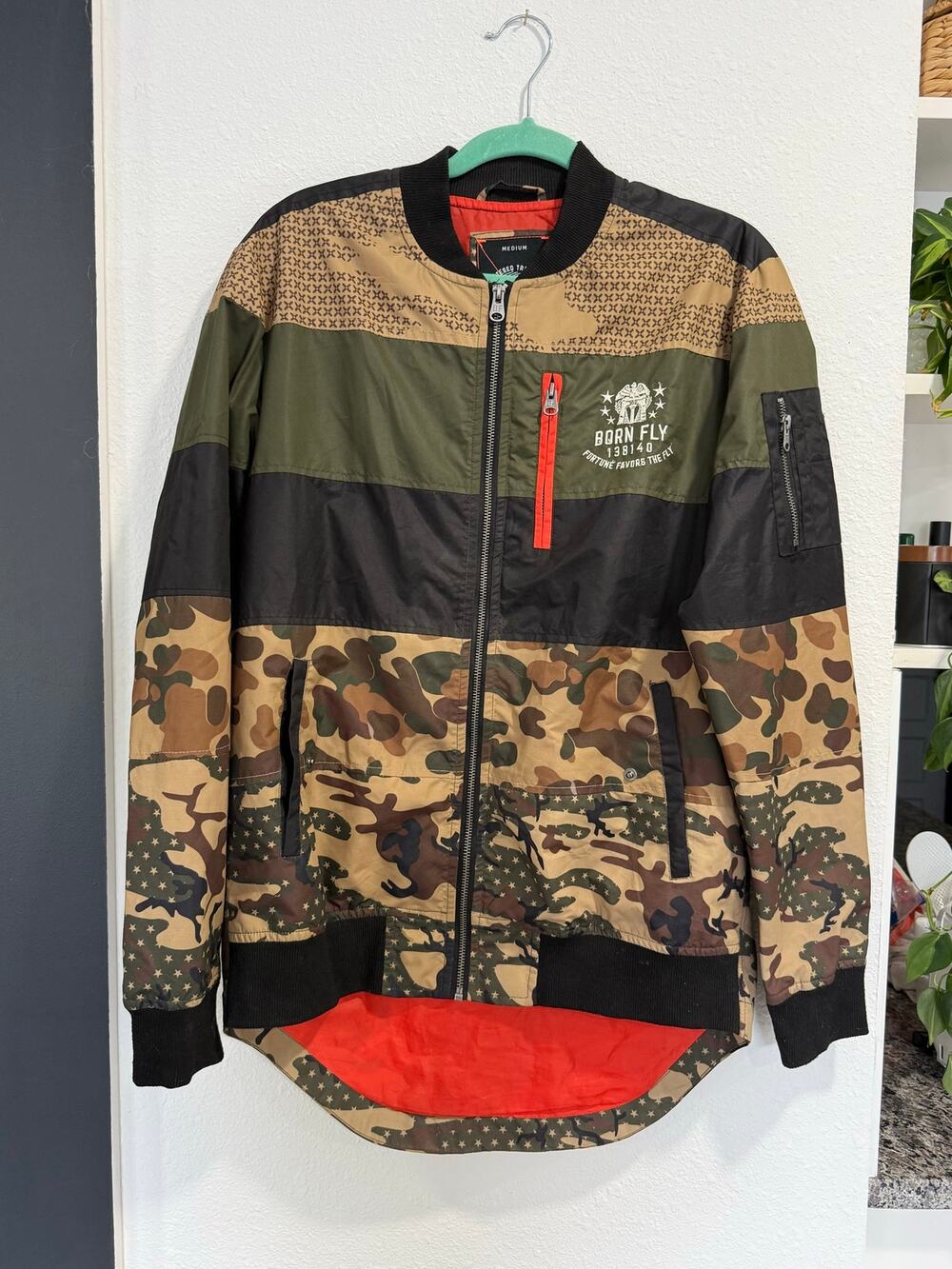 Born Fly Mens M Camo Colorblock Bomber Jacket Military Streetwear Lightweight